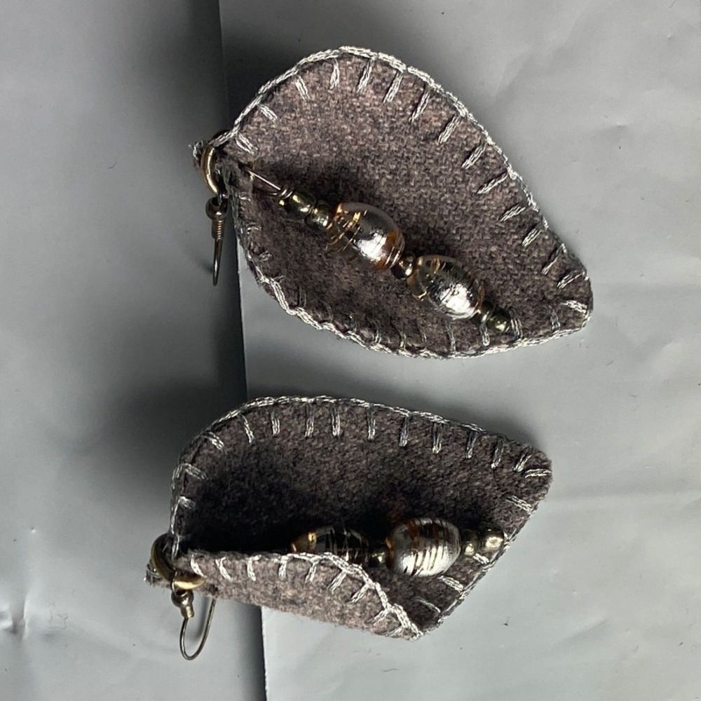 Handmade Gray Felt Leaf Dangle Earrings with Silver Beads